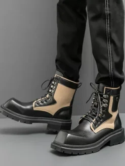 Mens Dress Boots Square-Toe Chunky Sole Lace-Up Leather Boots