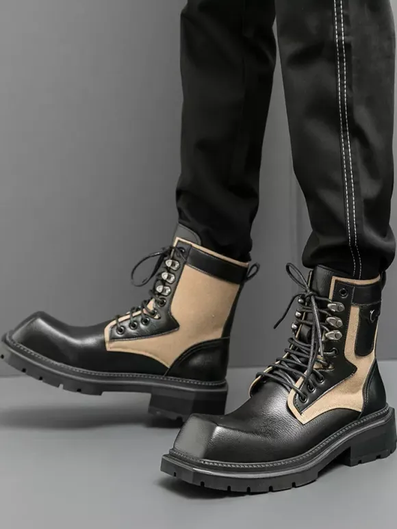 Mens Dress Boots Square-Toe Chunky Sole Lace-Up Leather Boots