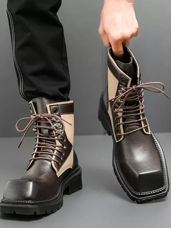 Mens Dress Boots Square-Toe Chunky Sole Lace-Up Leather Boots