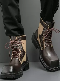 Mens Dress Boots Square-Toe Chunky Sole Lace-Up Leather Boots