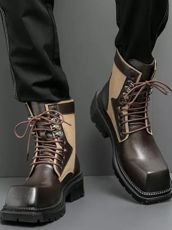 Mens Dress Boots Square-Toe Chunky Sole Lace-Up Leather Boots