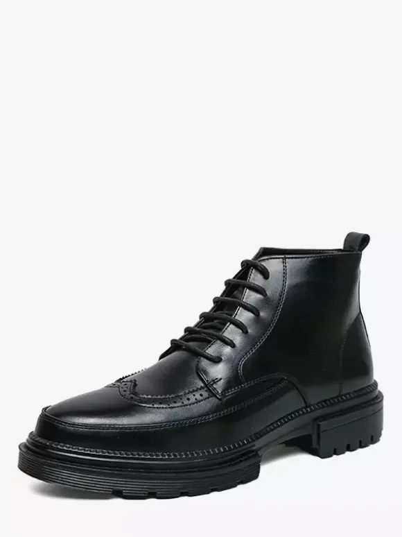 Mens Dress Boots Wingtip Derby Boots - Round Toe Chunky Sole Ankle Boots