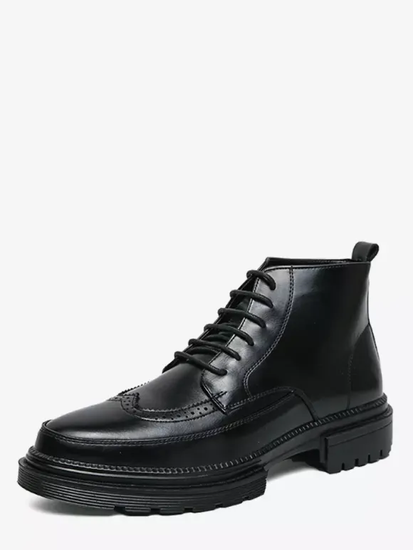 Mens Dress Boots Wingtip Derby Boots - Round Toe Chunky Sole Ankle Boots