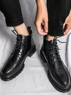 Mens Dress Boots Wingtip Derby Boots - Round Toe Chunky Sole Ankle Boots