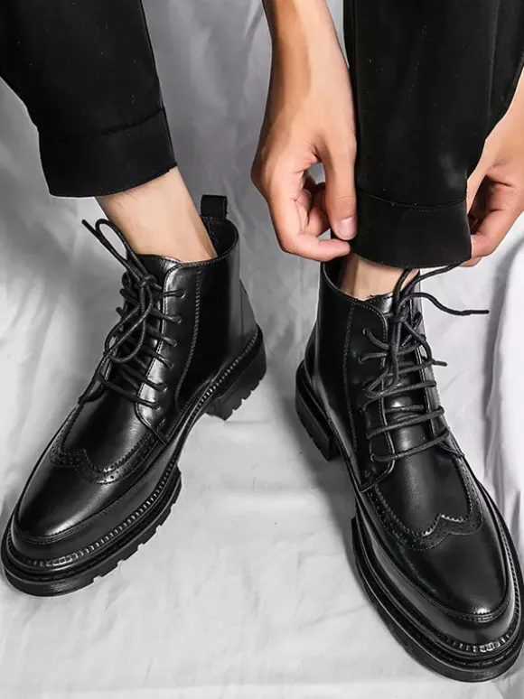 Mens Dress Boots Wingtip Derby Boots - Round Toe Chunky Sole Ankle Boots