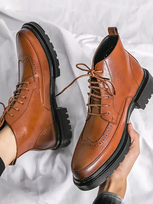 Mens Dress Boots Wingtip Derby Boots - Round Toe Chunky Sole Ankle Boots