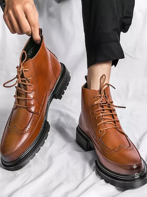 Mens Dress Boots Wingtip Derby Boots - Round Toe Chunky Sole Ankle Boots