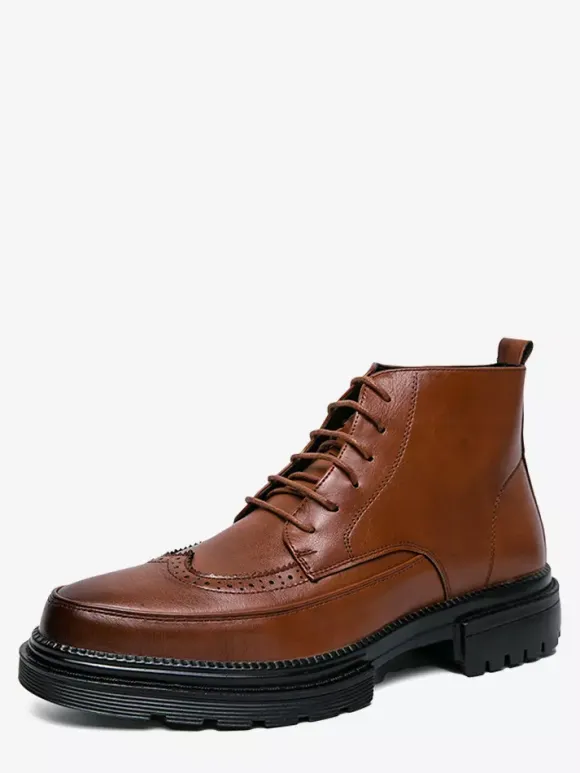 Mens Dress Boots Wingtip Derby Boots - Round Toe Chunky Sole Ankle Boots