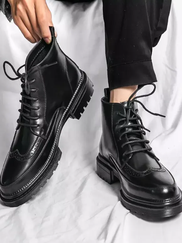 Mens Dress Boots Wingtip Derby Boots - Round Toe Chunky Sole Ankle Boots