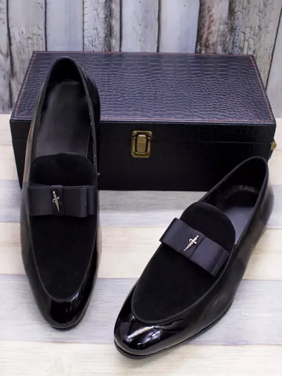 Men's Dress Loafers Genuiue Leather Round Toe Patchwork Bow Slip On Prom Shoes