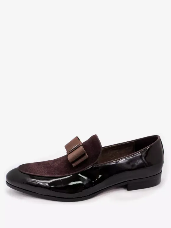 Men's Dress Loafers Genuiue Leather Round Toe Patchwork Bow Slip On Prom Shoes