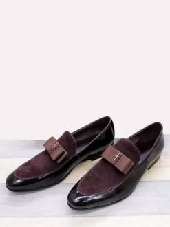 Men's Dress Loafers Genuiue Leather Round Toe Patchwork Bow Slip On Prom Shoes
