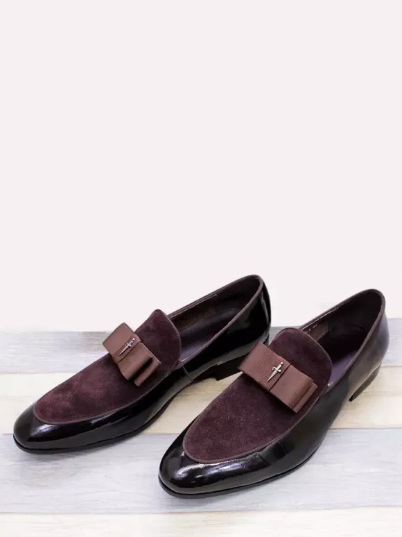 Men's Dress Loafers Genuiue Leather Round Toe Patchwork Bow Slip On Prom Shoes