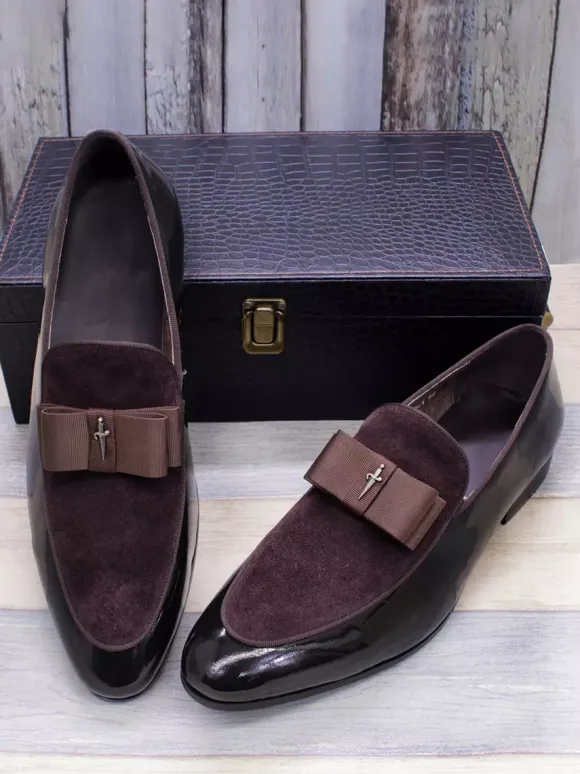 Men's Dress Loafers Genuiue Leather Round Toe Patchwork Bow Slip On Prom Shoes