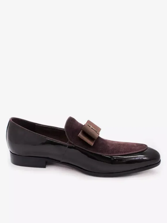 Men's Dress Loafers Genuiue Leather Round Toe Patchwork Bow Slip On Prom Shoes