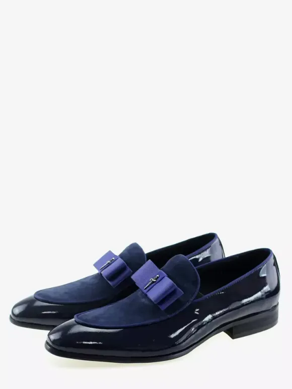 Men's Dress Loafers Genuiue Leather Round Toe Patchwork Bow Slip On Prom Shoes
