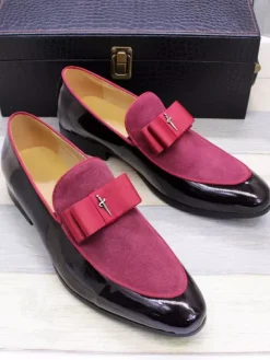 Men's Dress Loafers Genuiue Leather Round Toe Patchwork Bow Slip On Prom Shoes