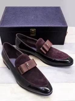 Men's Dress Loafers Genuiue Leather Round Toe Patchwork Bow Slip On Prom Shoes