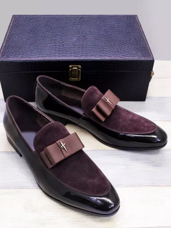 Men's Dress Loafers Genuiue Leather Round Toe Patchwork Bow Slip On Prom Shoes