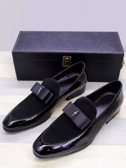 Men's Dress Loafers Genuiue Leather Round Toe Patchwork Bow Slip On Prom Shoes