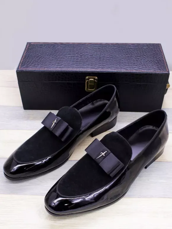 Men's Dress Loafers Genuiue Leather Round Toe Patchwork Bow Slip On Prom Shoes