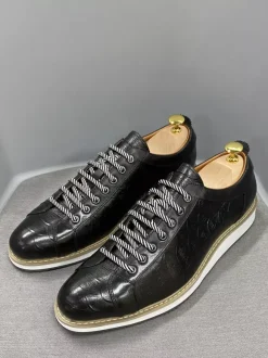 Mens Dress Shoes Crocodile Pattern Lace Up Handmade Genuine Leather Shoes