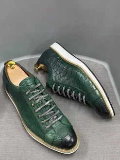 Mens Dress Shoes Crocodile Pattern Lace Up Handmade Genuine Leather Shoes