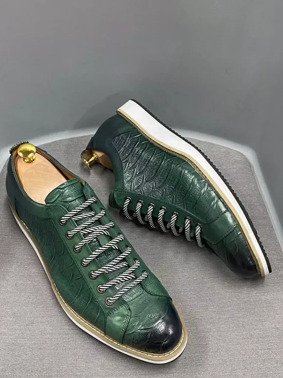 Mens Dress Shoes Crocodile Pattern Lace Up Handmade Genuine Leather Shoes
