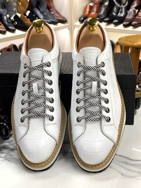 Mens Dress Shoes Crocodile Pattern Lace Up Handmade Genuine Leather Shoes