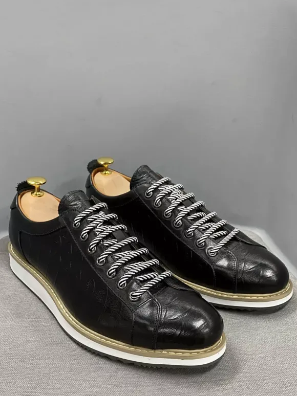 Mens Dress Shoes Crocodile Pattern Lace Up Handmade Genuine Leather Shoes