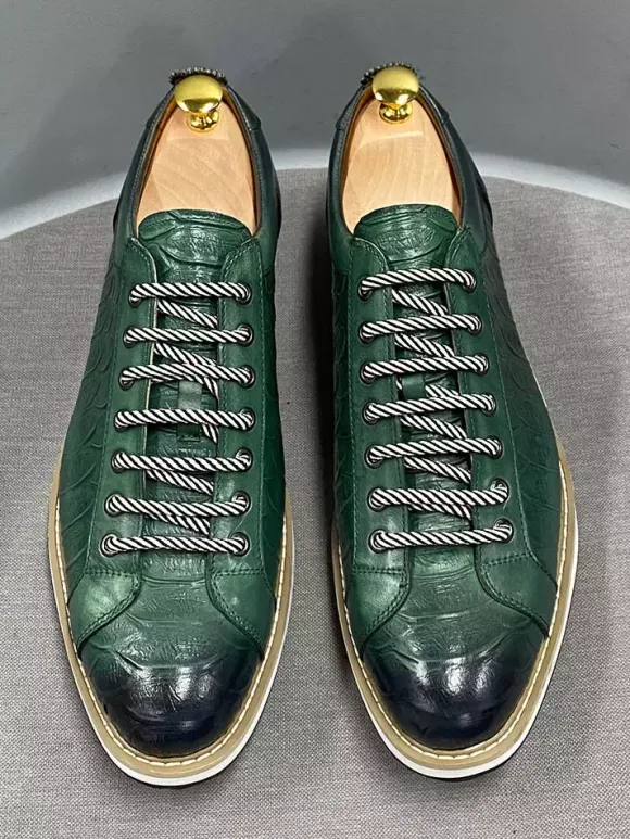 Mens Dress Shoes Crocodile Pattern Lace Up Handmade Genuine Leather Shoes