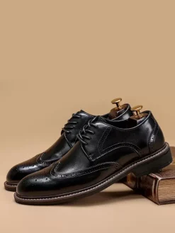 Men's Dress Shoes Fashion Square Toe Leather Brouges Prom Wedding Shoes