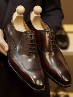 Men's Dress Shoes Fashion Round Toe Leather Brogue Derby Formal Wedding Shoes