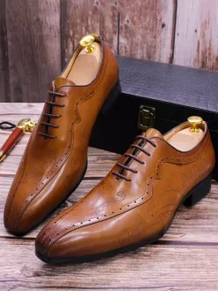 Mens Dress Shoes Lace Up Brogue Genuine Leather Oxfords