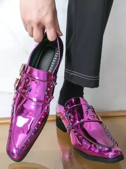 Men's Dress Shoes Metallic Square Toe Beaded Buckle Detail Shoes
