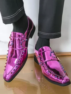 Men's Dress Shoes Metallic Square Toe Beaded Buckle Detail Shoes