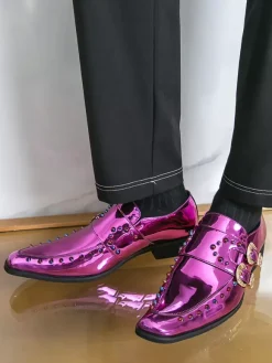 Men's Dress Shoes Metallic Square Toe Beaded Buckle Detail Shoes