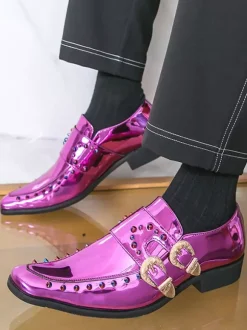 Men's Dress Shoes Metallic Square Toe Beaded Buckle Detail Shoes