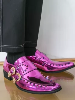 Men's Dress Shoes Metallic Square Toe Beaded Buckle Detail Shoes