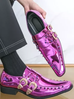 Men's Dress Shoes Metallic Square Toe Beaded Buckle Detail Shoes