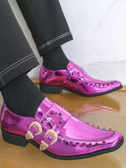 Men's Dress Shoes Metallic Square Toe Beaded Buckle Detail Shoes