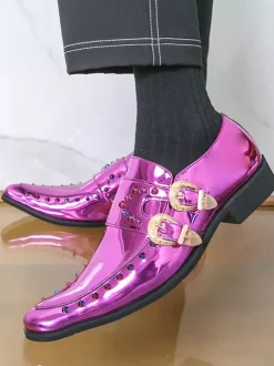 Men's Dress Shoes Metallic Square Toe Beaded Buckle Detail Shoes
