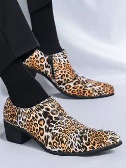 Men's Dress Shoes Pointed Toe Leopard Chunky Heel Shoes