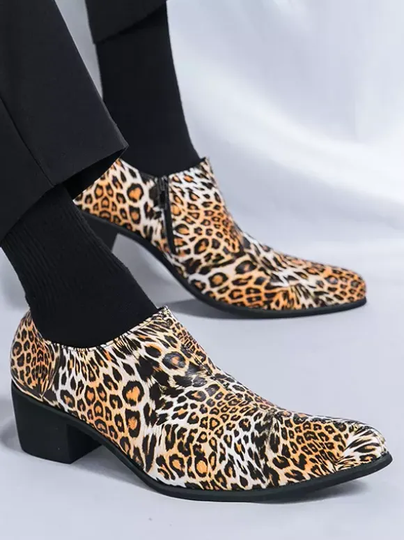 Men's Dress Shoes Pointed Toe Leopard Chunky Heel Shoes