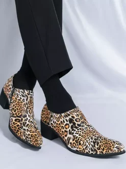 Men's Dress Shoes Pointed Toe Leopard Chunky Heel Shoes