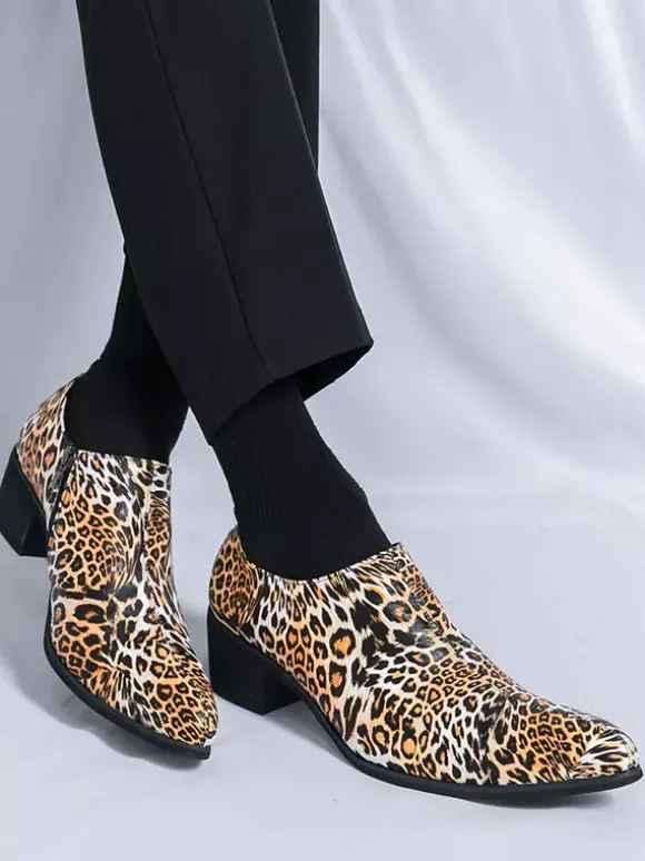 Men's Dress Shoes Pointed Toe Leopard Chunky Heel Shoes