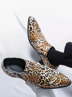Men's Dress Shoes Pointed Toe Leopard Chunky Heel Shoes