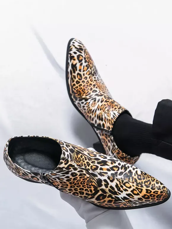 Men's Dress Shoes Pointed Toe Leopard Chunky Heel Shoes