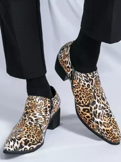 Men's Dress Shoes Pointed Toe Leopard Chunky Heel Shoes