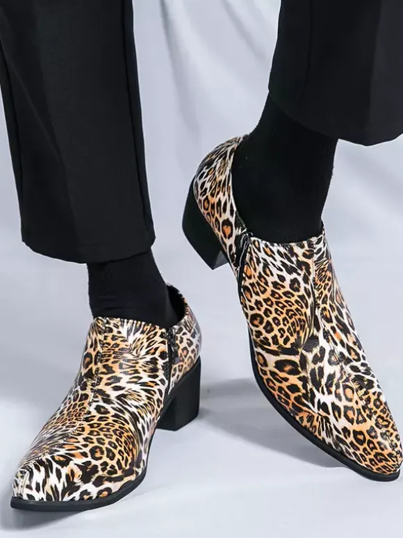 Men's Dress Shoes Pointed Toe Leopard Chunky Heel Shoes